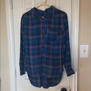 Anthropologie isadora button back high low tunic, blue plaid, size small